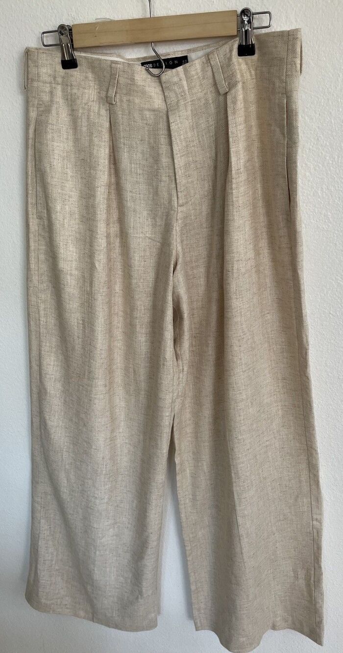 ASOS Linen Blend Wide Leg Trousers Pleated Womens Pants Sz32x32 Beige Minimalist